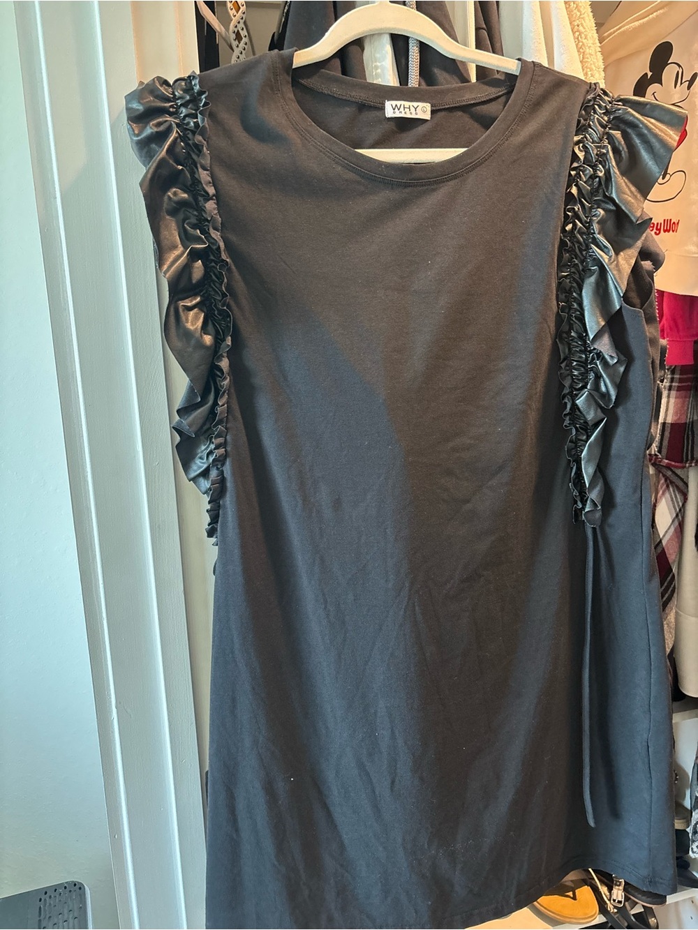 WHY Dress Black Mini Dress with Ruffle Shoulder Detail